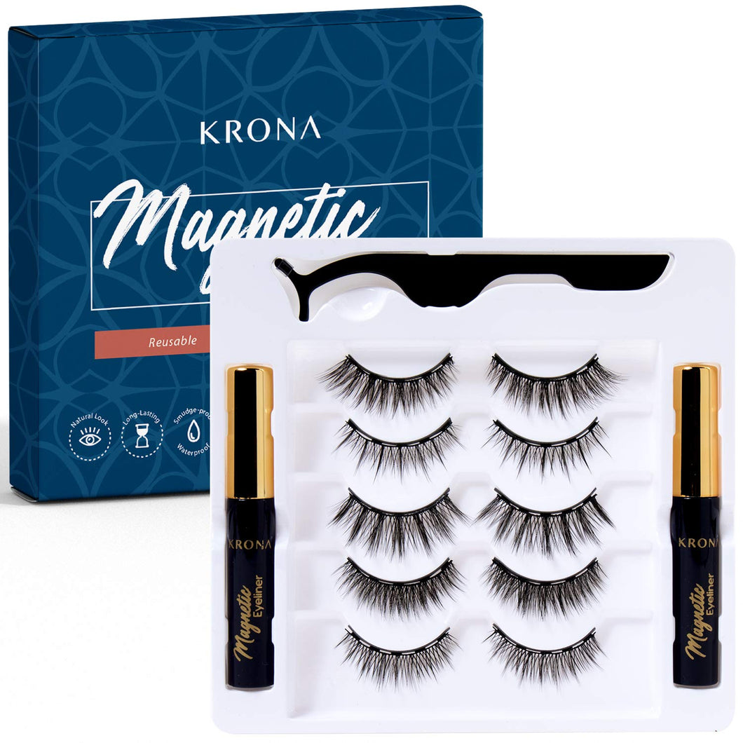 KRONA Magnetic Eyelashes Kit - 2 Tubes Of Magnetic Eyeliner & 5 Pairs Of Reusable Falsies With Applicator - No Glue Needed