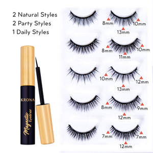 KRONA Magnetic Eyelashes Kit - 1 Tube Of Magnetic Eyeliner & 5 Pairs Of Reusable Falsies With Tweezer