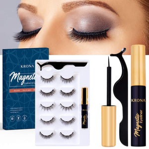 KRONA Magnetic Eyelashes Kit - 1 Tube Of Magnetic Eyeliner & 5 Pairs Of Reusable Falsies With Tweezer